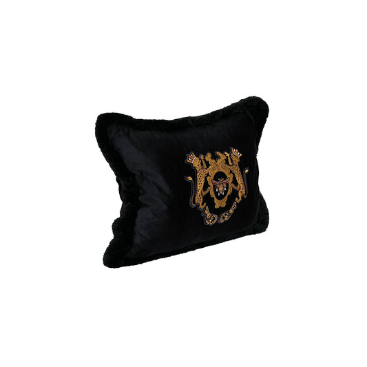 Coat of Arms Rampant Lions Crest encases the Napoleon Bee handwork - emblematic of heraldic markets around the world. Of warriors well-bred born of royal blood lines - a fitting display of Honour, Heritage and of the Order of Chivalry. Finished off with luscious panther black brush fringe detailing.