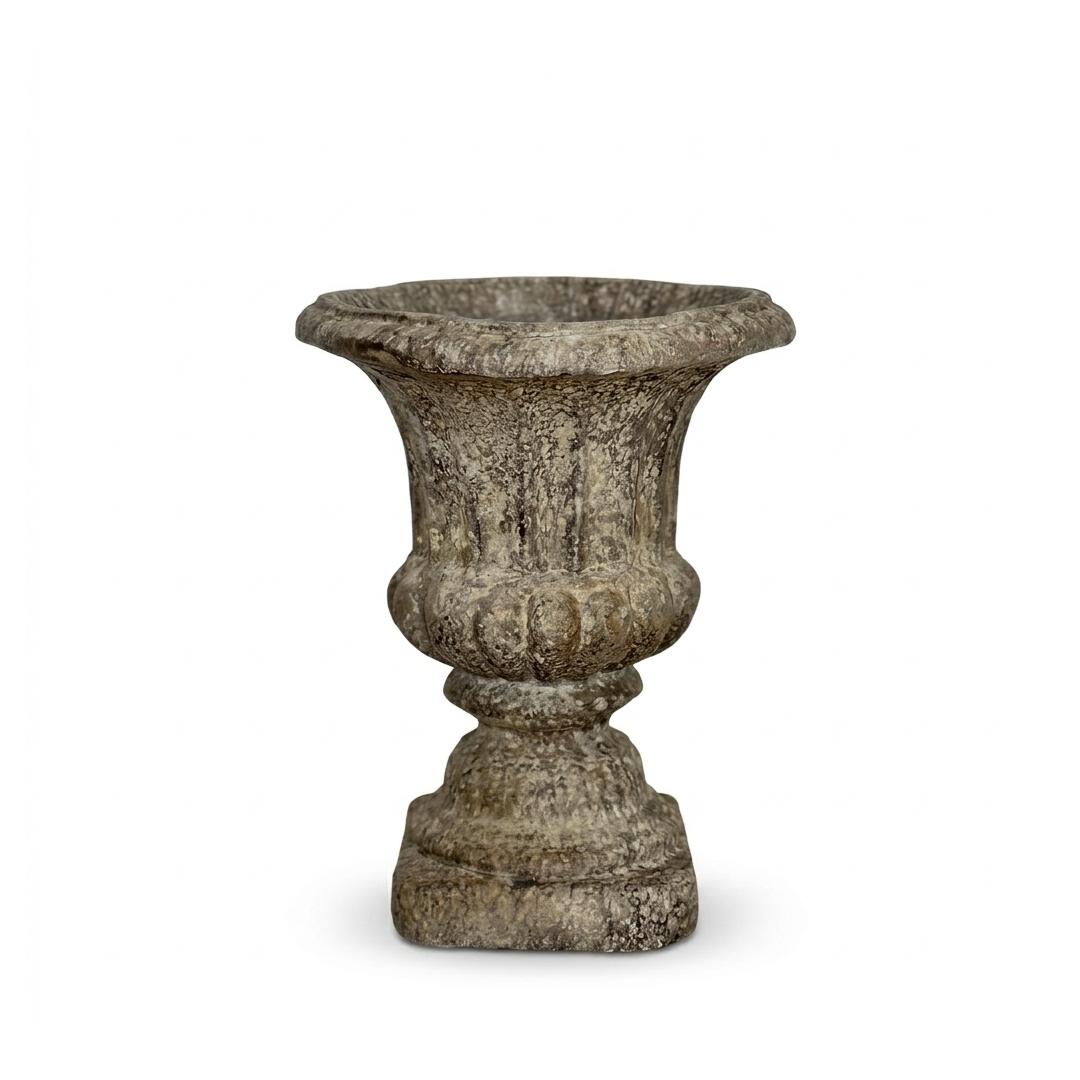 The Old Terrace Urn, a campana urn in a mottled grey, lichen-speckled stone finish