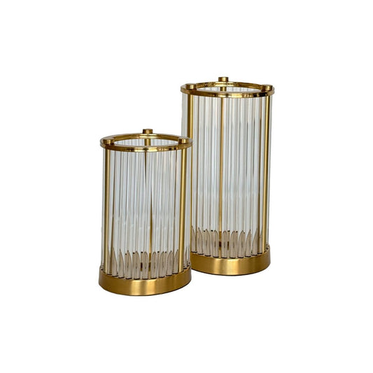 FLUTED GLASS METAL HURRICANES PAIR | LARGE AND SMALL - PAIR