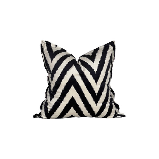 Back and white chevron ikat print square pillow with black velvet back plate