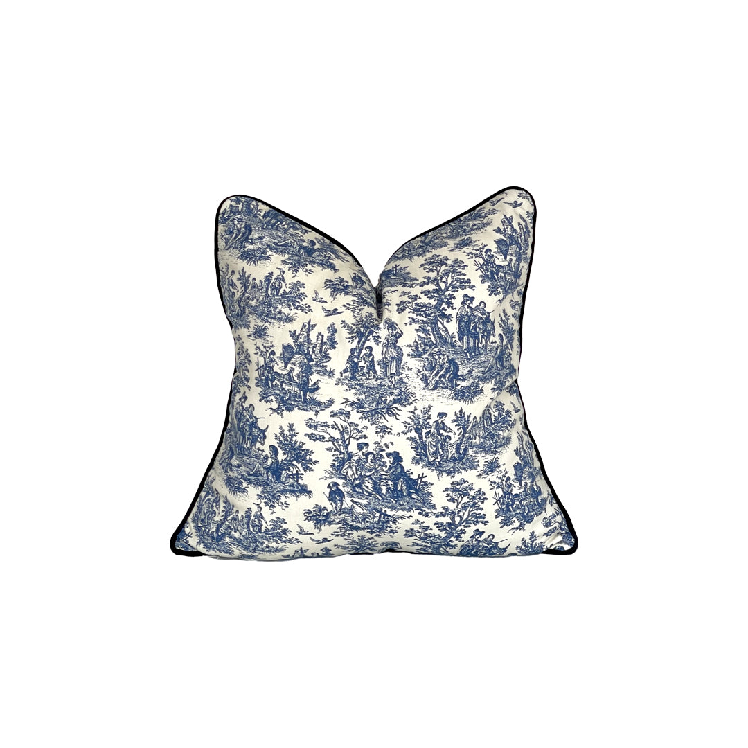 vintage toile french blue print on a pillow