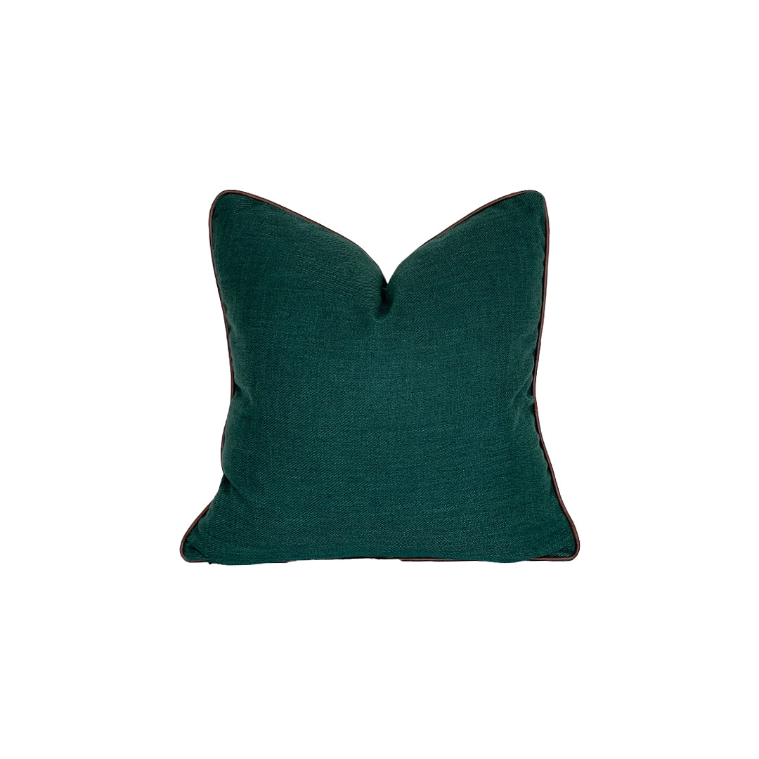 beetle green jute pillow with leather piping