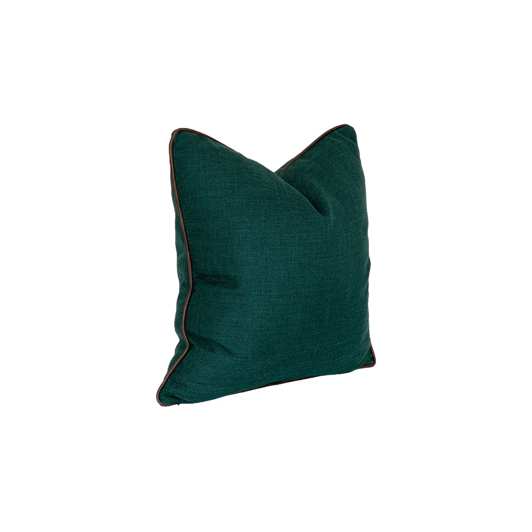 beetle green jute pillow with leather piping