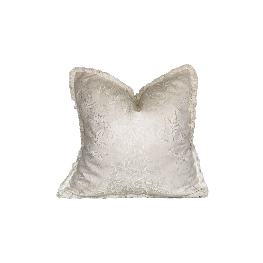 square decorative pillow horse chestnut leaf emboss on ivory white silk finished with brush fringe