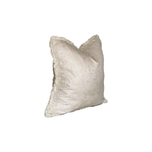square decorative pillow horse chestnut leaf emboss on ivory white silk finished with brush fringe