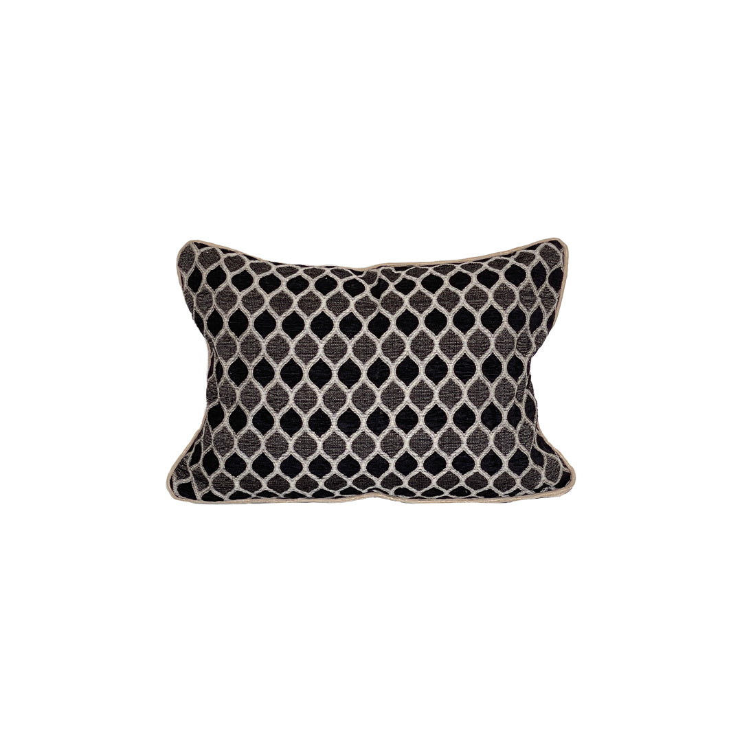 BLACK, CHARCOAL GREY, ASHWHITE TURKISH MOSAIC PATTERN PILLOW FINISHED WITH ANTIQUE GOLD CORDING 