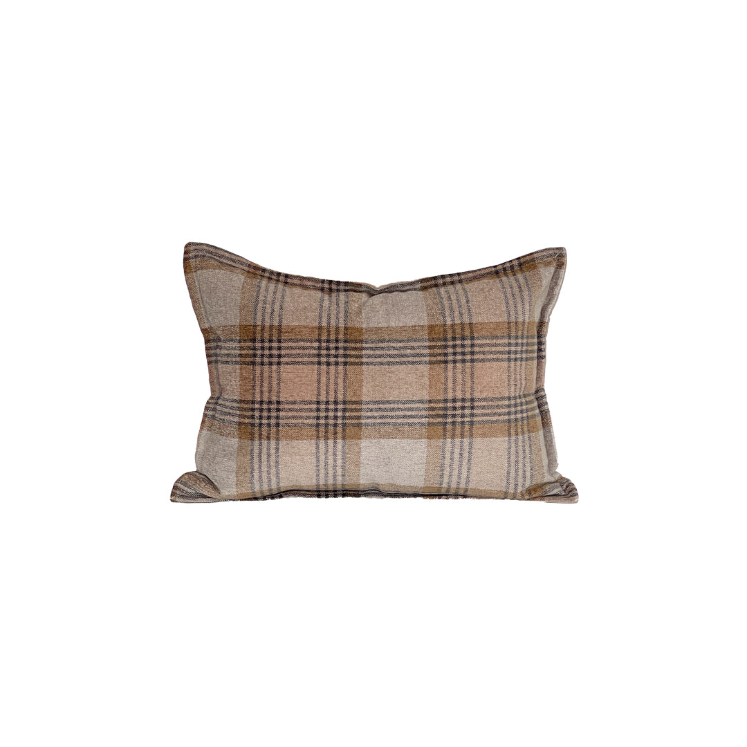 pillow with fawn and beige plaid with smokey grey windowpane 20 X 14 inches lumbar short flange