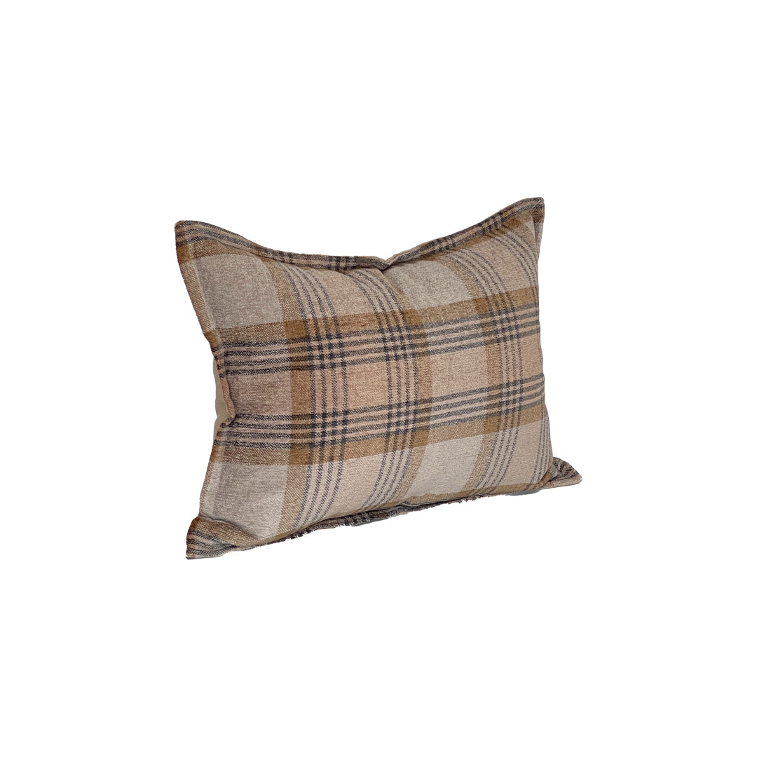 pillow with fawn and beige plaid with smokey grey windowpane 20 X 14 inches lumbar short flange