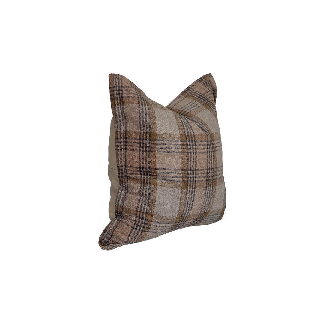 Square short flange pillow with beige and fawn plaid & charcoal grey windowpane 