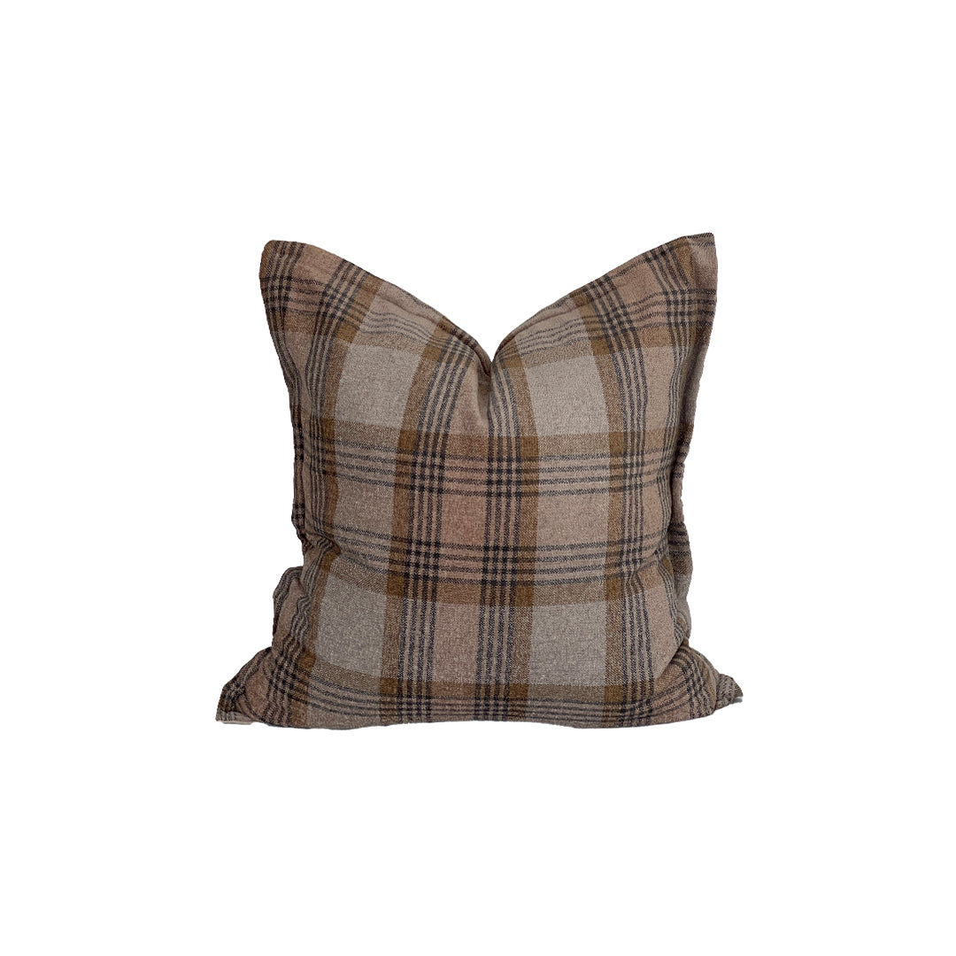 Square short flange pillow with beige and fawn plaid & charcoal grey windowpane 