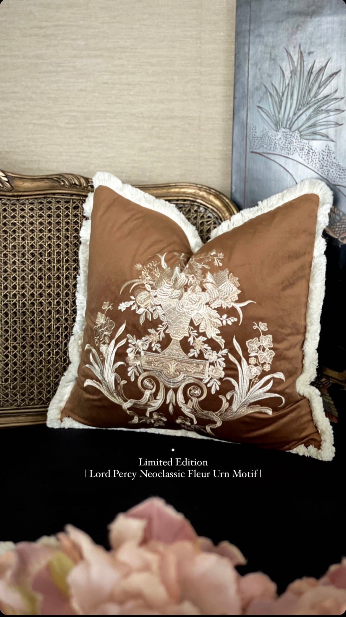 Limited Edition Lord Percy is a palm gold pillow with neoclassic fleur urn motif is a true statement piece that belongs in a french parlor. Perfect for Parisian chic and formal scenarios. 