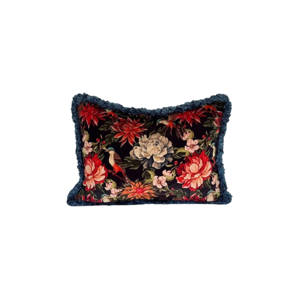 Phoenix in the Bloom cushion cover – multicolour, blush and navy lumbar pillow, 22 x 16 in