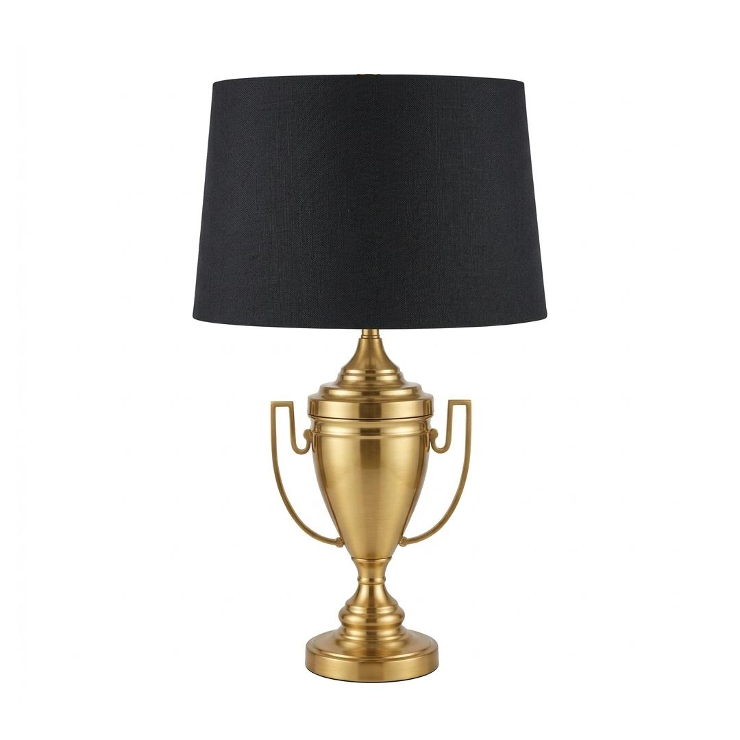 Laurel Trophy Lamp, a polished brass two-handled trophy cup base with a black linen drum shade