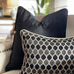 BLACK, CHARCOAL GREY, ASHWHITE TURKISH MOSAIC PATTERN PILLOW FINISHED WITH ANTIQUE GOLD CORDING WITH BLACK VELVET PILLOW