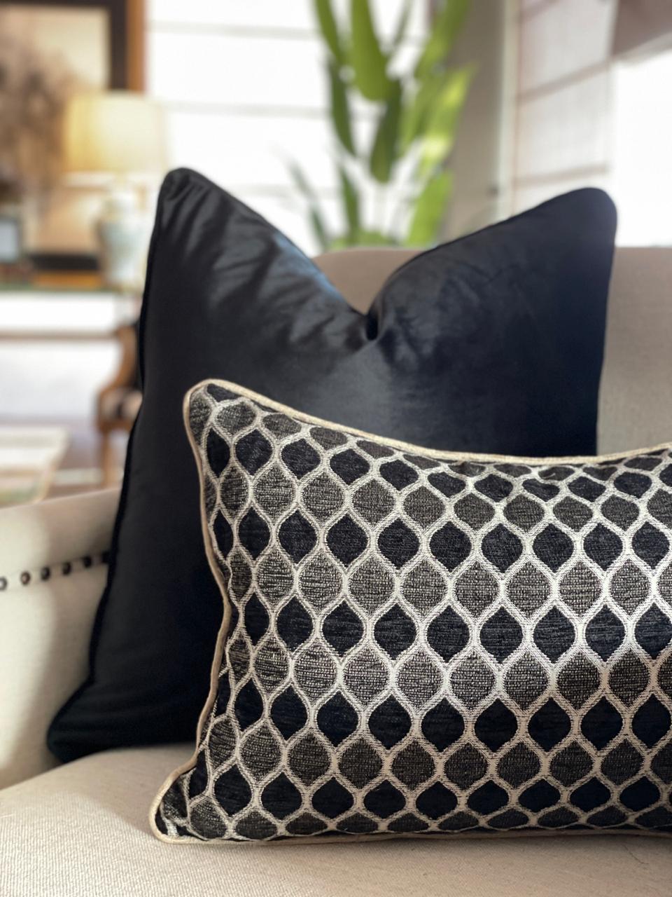 BLACK, CHARCOAL GREY, ASHWHITE TURKISH MOSAIC PATTERN PILLOW FINISHED WITH ANTIQUE GOLD CORDING WITH BLACK VELVET PILLOW